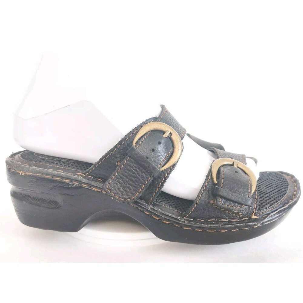 BOC Bensi Boho Sandals Womens Size 7 Block Heel Mule Slide‎ Brown Gold Buckles